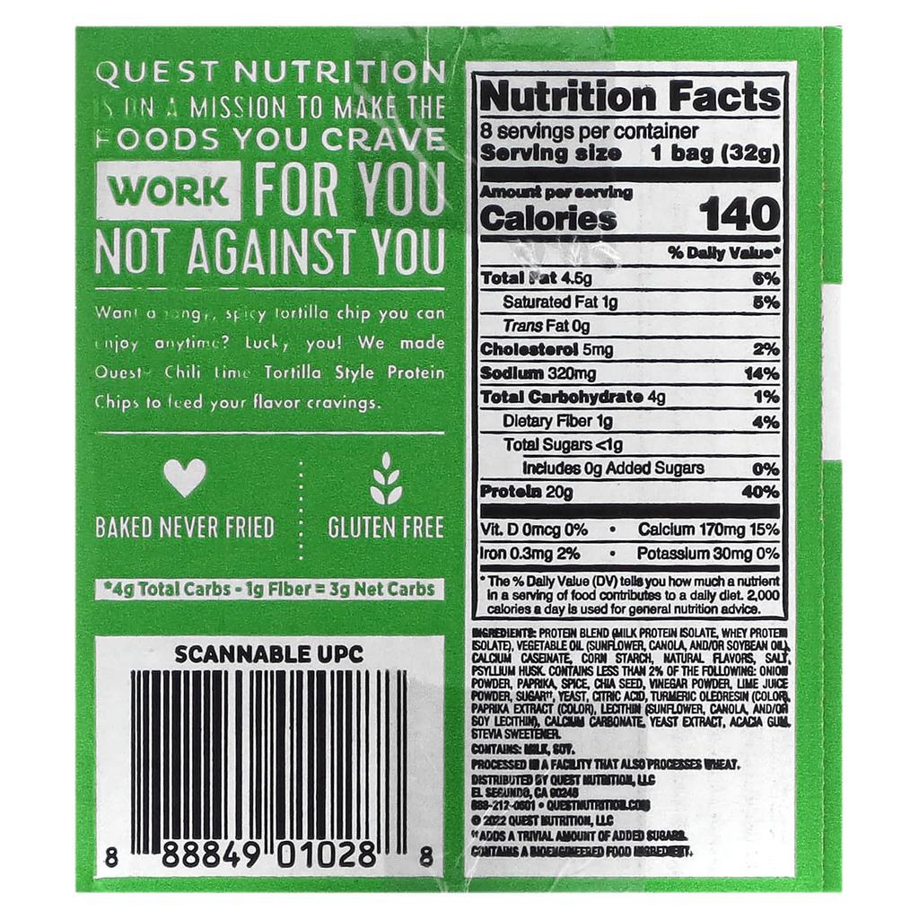 Quest Nutrition, Tortilla-Style Protein Chips, Chili Lime, 8 Packets, 1.1 oz (32 g) Each