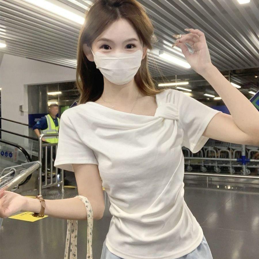 Chic Summer Short Sleeve T-shirt Slim Fit Knot Front Pure Color Womens Beautiful Gentle Top