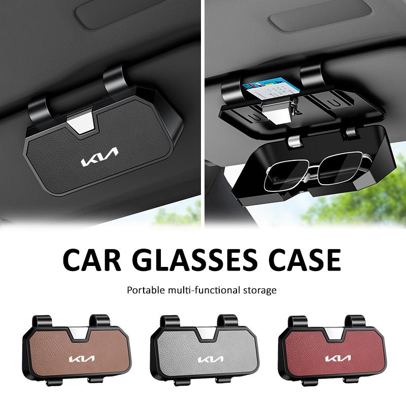 OUXU2 Car Emblem Visor Glasses Case Goatskin Sunglasses Holder Organizer Clip for Kia Sportage Sorento K5 K3 Seltos Rio Carnival Ceed