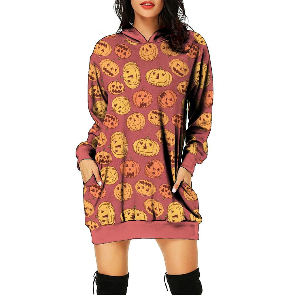 Women's And Winter Hooded Sweatshirt Dress Halloween Print Dress