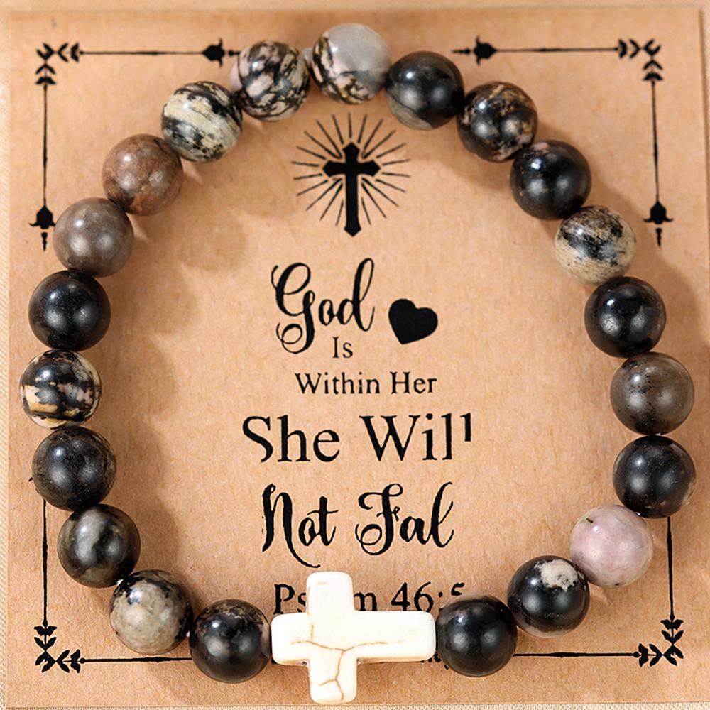 Религиозный крестовый браслет для женщин и мужчин, натуральный камень, эластичный браслет из бисера, молитвенный браслет с карточкой