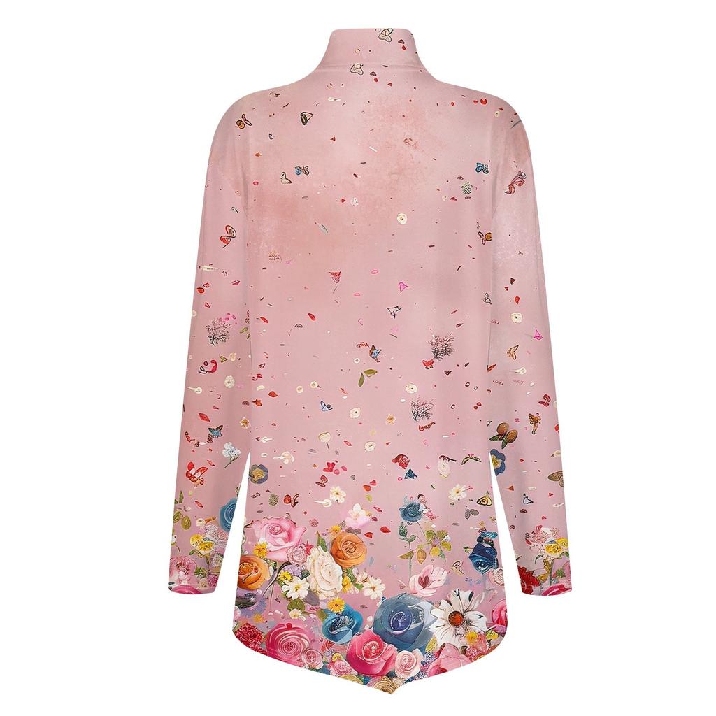 Casual Fashion Print Shirt Tops High Neck Irregular Hem Long Sleeve Pullover Tops
