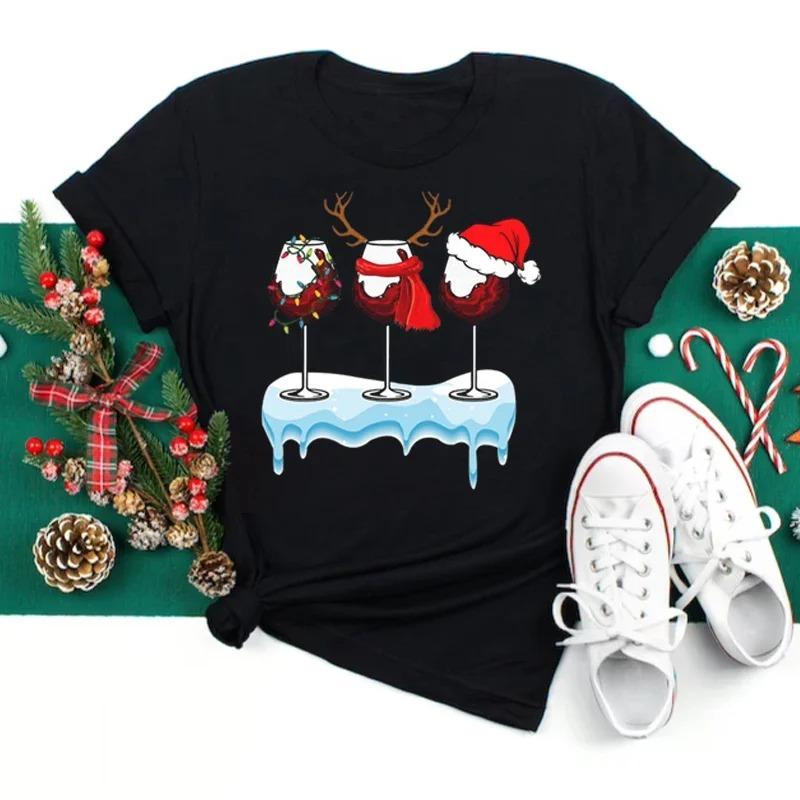 Cute Christmas Graphic T Shirt With Funny Wine Glass Snowman Santa Hat Elements Designs Stylish Casual Short Sleeve Tee