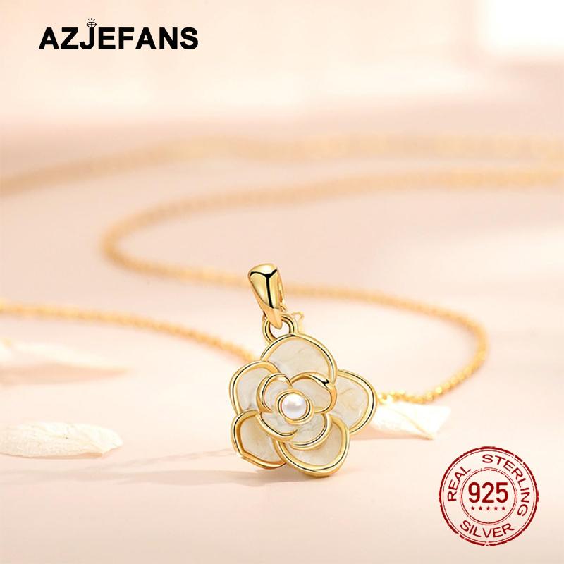 S925 Sterling Silver Camellia Synthetic Pearl Women Necklace Jewelry