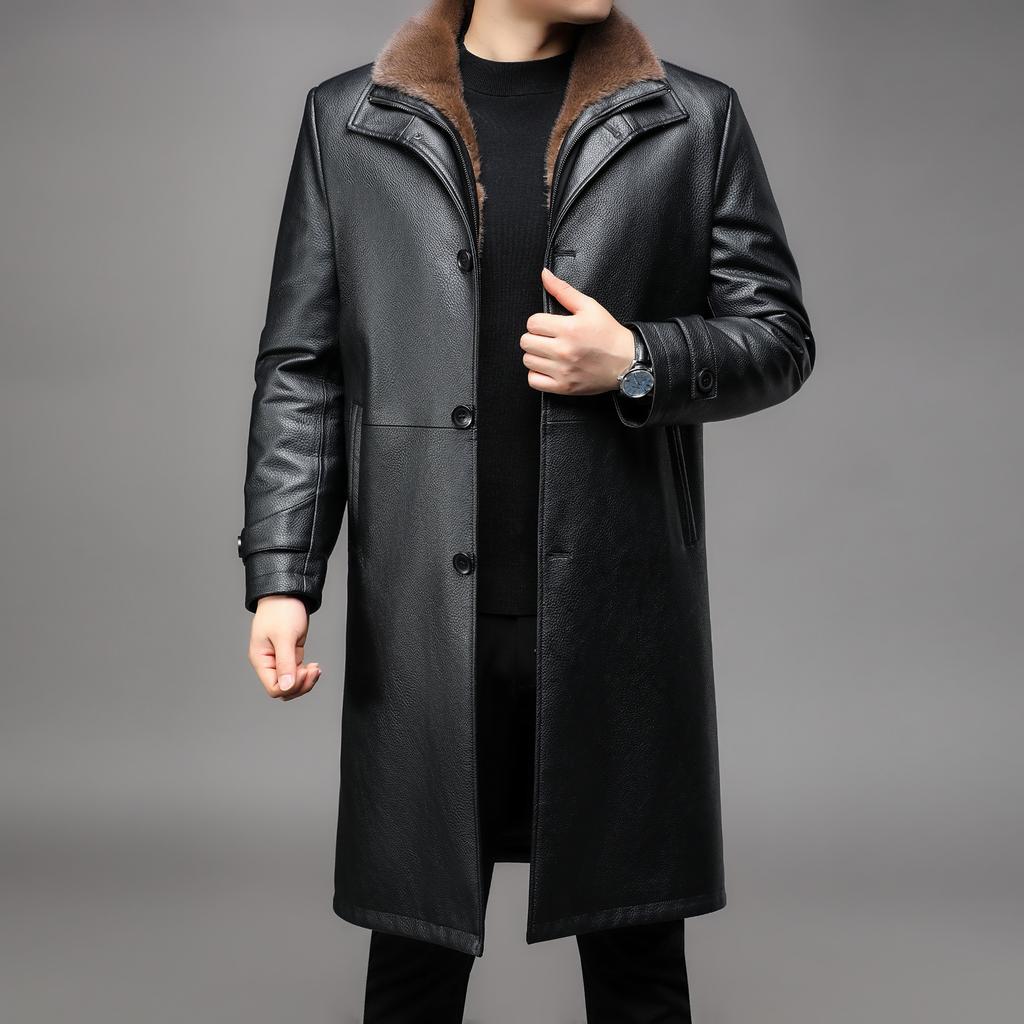 Leather Coat with Velvet and Thickening for Middle-aged Men with Removable Inner Liner, Long Fur All-in-one Genuine Leather Fur Coat