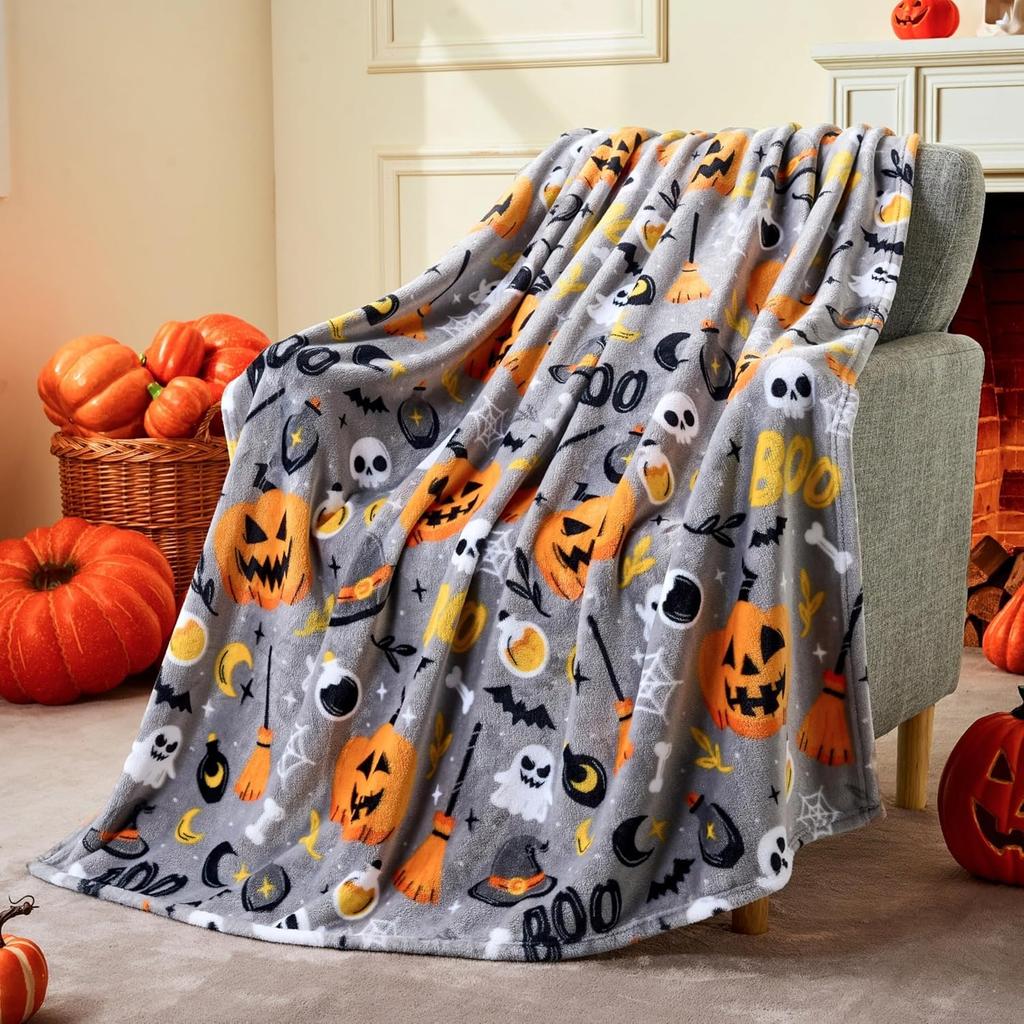 1PC Halloween Throw Blanket Black Bat Pumpkin Ghost Skull Thin Blanket Gifts for Decor Couch Bed Car Home Camping All Season Use