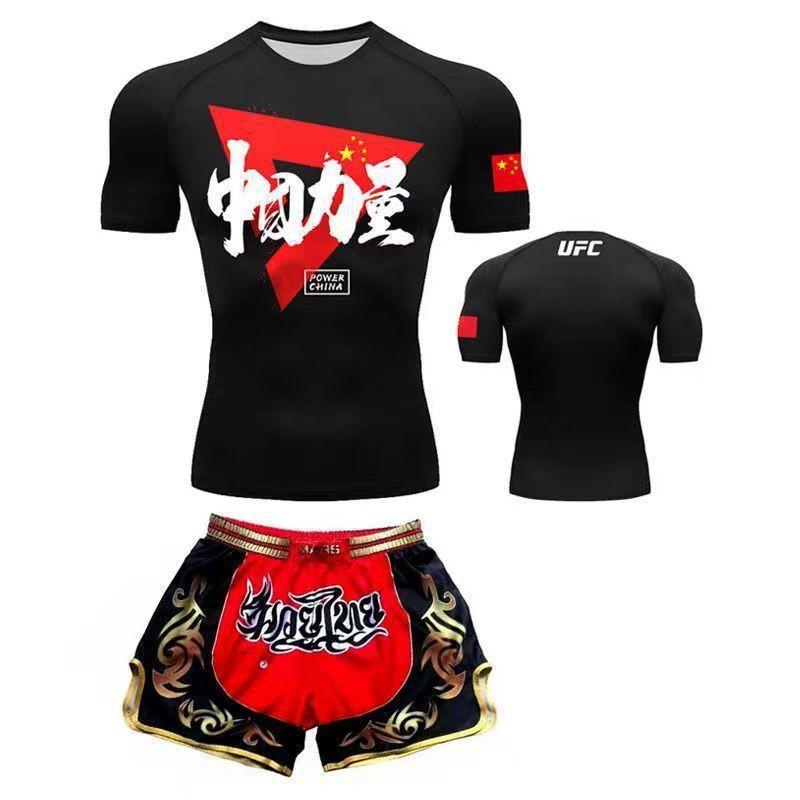 Mens Boxing Rash Guard Set UFC Training Short Sleeve Top Shorts MMA Kickboxing Gym