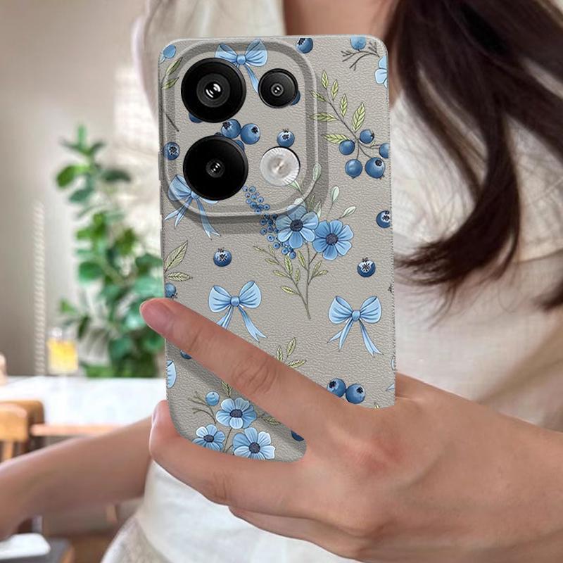 Чехол Синие Бантики Цветочный Узор Для Xiaomi 14T 13T 11T Pro Funda Redmi Note 14 13 12 11 Pro 5G 4G Кожаная Текстура Силиконовая Крышка