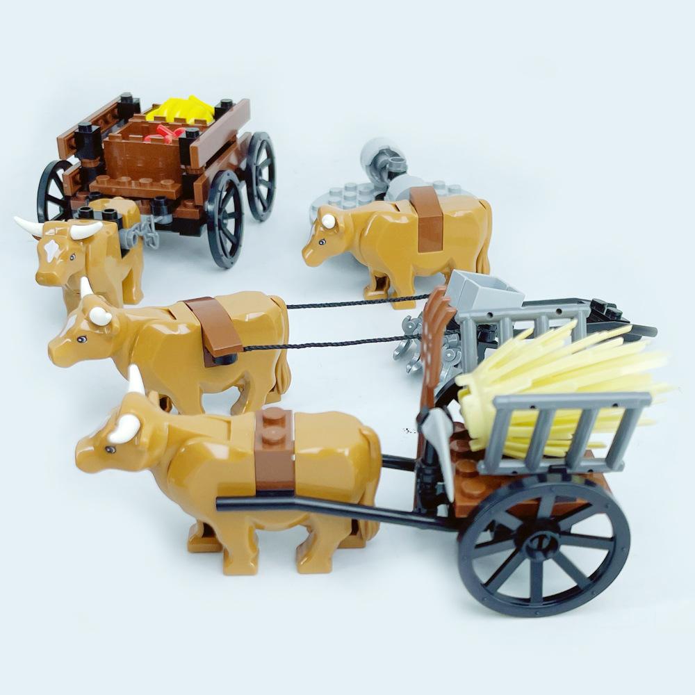 Building Toy Set - Animal Moc Farm Scene With Plowing Bull - Educational Construction Blocks For Kids