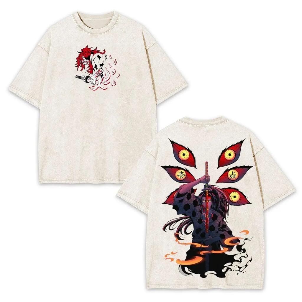 Summer New Streetwear Anime Washed Demon Slayer T Shirt Unisex Women Short Sleeve Graphic Tee Harajuku Loose Casual Top Y2k Clothes