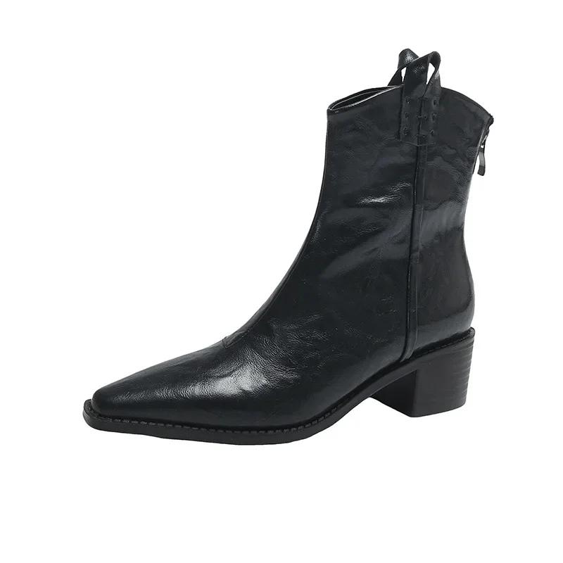 Fashion Women Fashion Chunky Heel Ankle Boots Fashion Solid Color Design Booties Women Autumn New Pointy Cowboy Boots Soft Leather Shoes