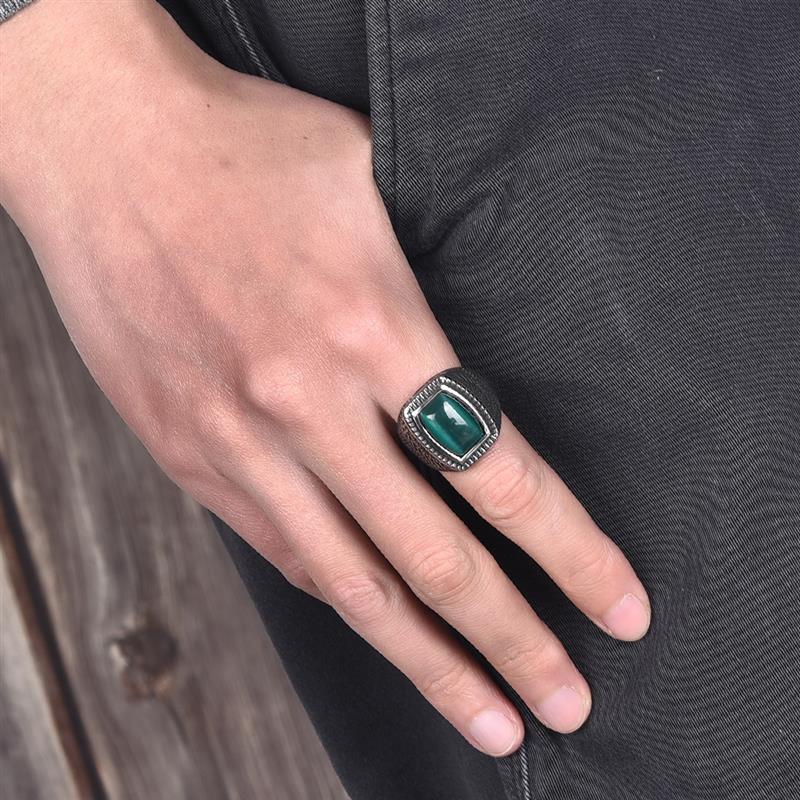 Fashion Men Ring Green Stone Stainless Steel Charm Punk Hiphop Finger Rings Male Charm Jewelry