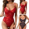 Women Sexy Bodysuit Low-cut Backless Sleeveless Thin See-through Hollow Lace Deep V Neck Spaghetti Strap Skinny Lady Wedding Night Playsuit