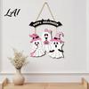 Festive Entryway Wall Art Pink Bat Shape Wooden Halloween Welcome Door Hanger Cute Ghost Witch Hat Durable Wood Hanging Plaque Sign with Rope Front