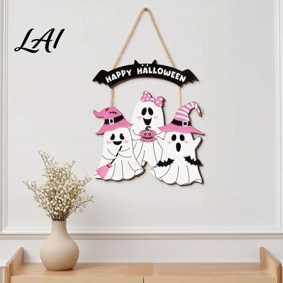 Festive Entryway Wall Art Pink Bat Shape Wooden Halloween Welcome Door Hanger Cute Ghost Witch Hat Durable Wood Hanging Plaque Sign with Rope Front