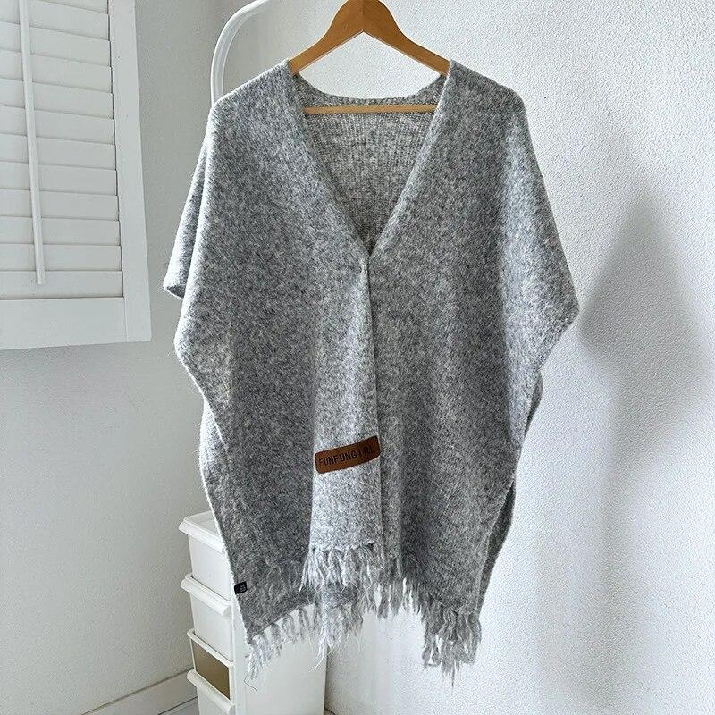 Japanese Korean Tassel Big Pendulum Cardigan Cape Autumn Loose Poncho Women Faux Cashmere Cloak Out Streetwear