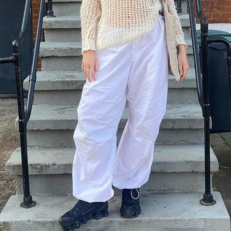 Женские повседневные мешковатые широкие спортивные штаны, модные винтажные шикарные однотонные брюки на шнурке, свободные уличные брюки Y2K для бега, брюки-карго