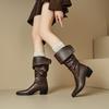 Black Brown Women Mid Calf Boots High Square Heel Small Big Size 32 48