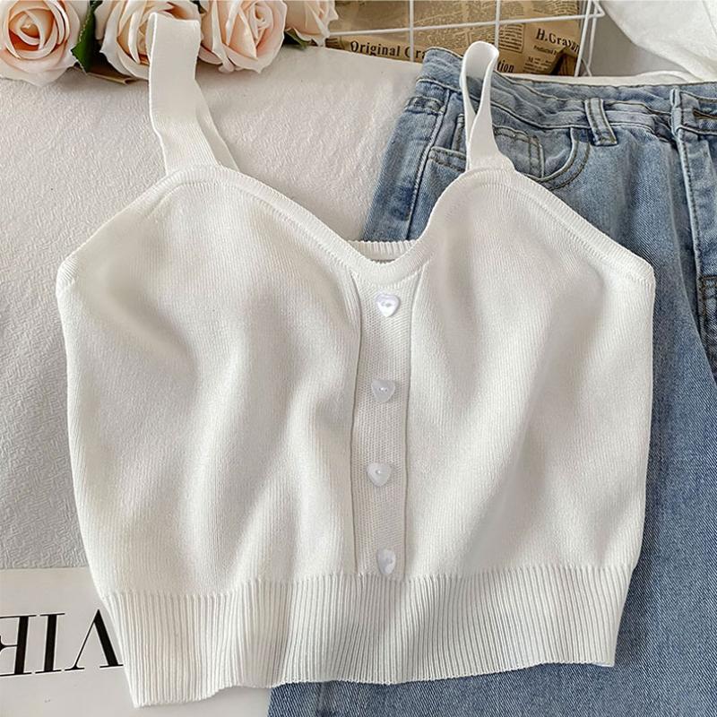 ITOOLIN Женские вязаные укороченные топы Y2K, милые однотонные топы без рукавов на бретелях на пуговицах, сексуальные укороченные топы летом