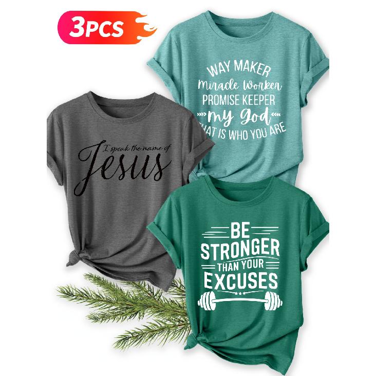 Three-piece set Religious inspirational text print short-sleeve retro round-neck shirt T Fresh and natural style loose-fitting shirt 2026 Elegant
