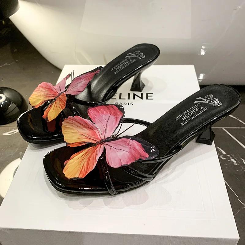 Fashion Blue Butterfly Women Slippers Square Toe Shoes High Heels Sandals Summer Elegant Bohemian Beach Shoes 2025 New Dress Pumps Mujer