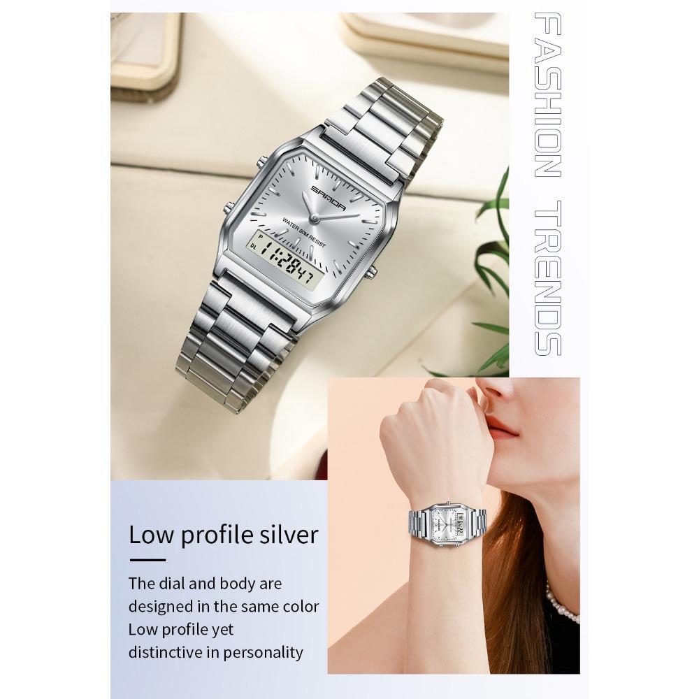 Unisex Analog Digital Quartz Wristwatch Square Case Waterproof Stainless Steel Bracelet Watch
