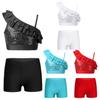 Kids Girls Asymmetrical Ruffle Shoulder Straps Sequin Crop Top with Shorts for Dance Gymnastics Performance Competition
