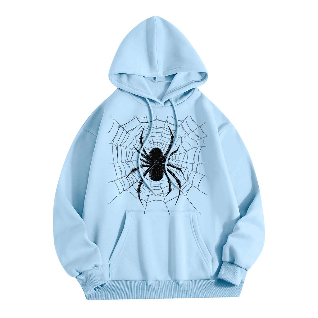 Women's Fashion Lightweight Long Sleeve Pullover With Pockets Spider Print Hoodie