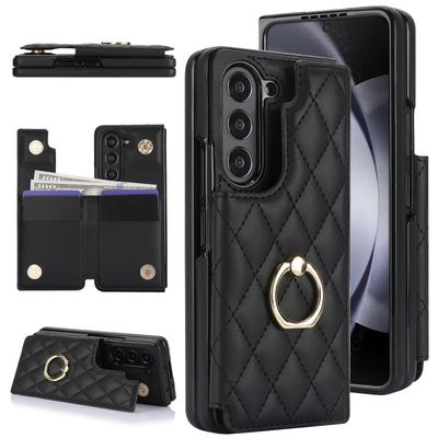 Fold7 Ring+bracket Phone Case for Samsung Galaxy Z Fold 7 6 5 4 3 Double Buckle Card Holder Wallet Diamond Grid Pu Leather Cover