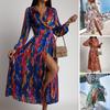 V-Neck Long Sleeve Maxi Dress Belt High Waist Ankle Length Colorful Print Split Hem Holiday Dress Streetwear