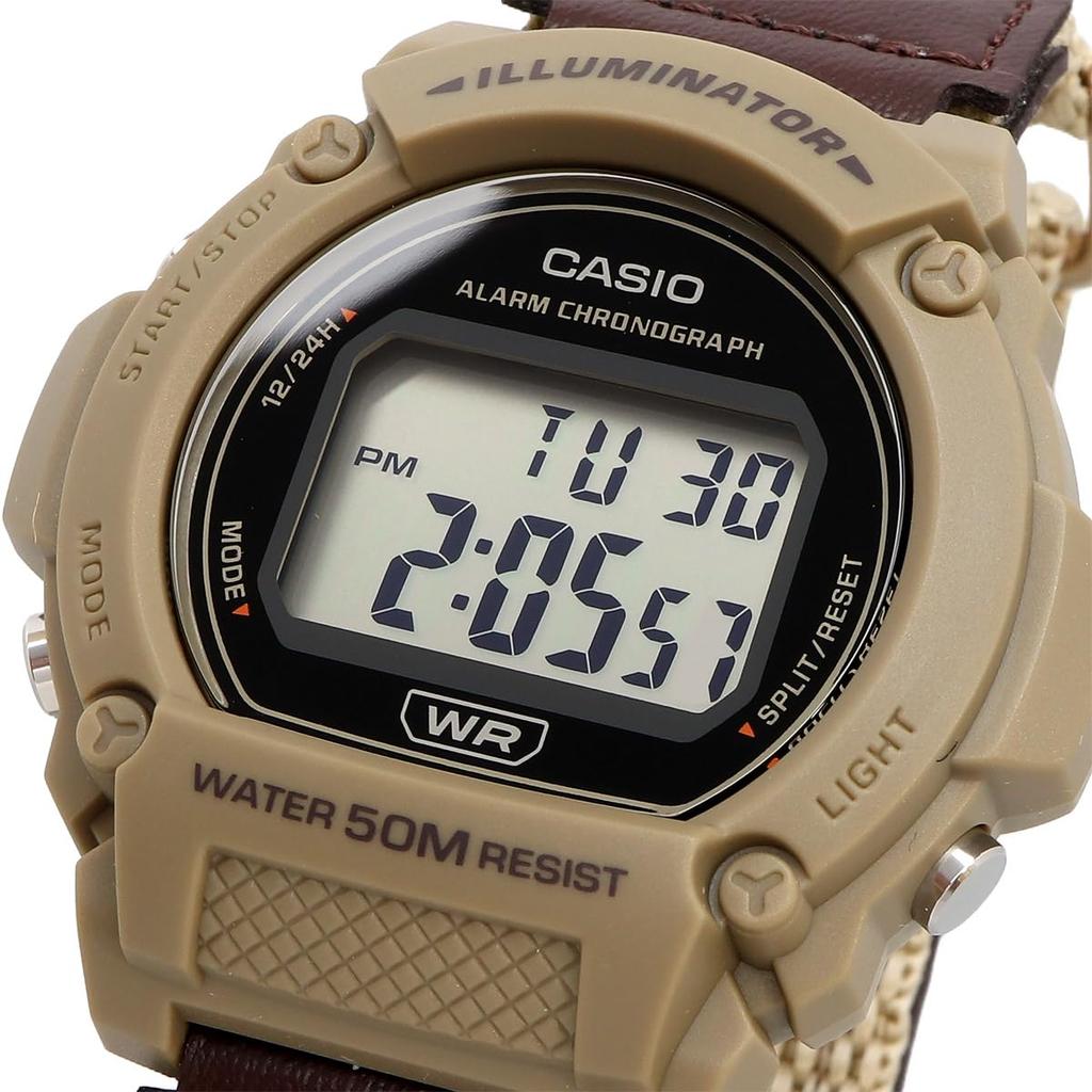 Casio Стандартные цифровые часы бежевого цвета с застежкой-липучкой, модель Overseas [Casio] W-219HB-5AV мужские [Товар]