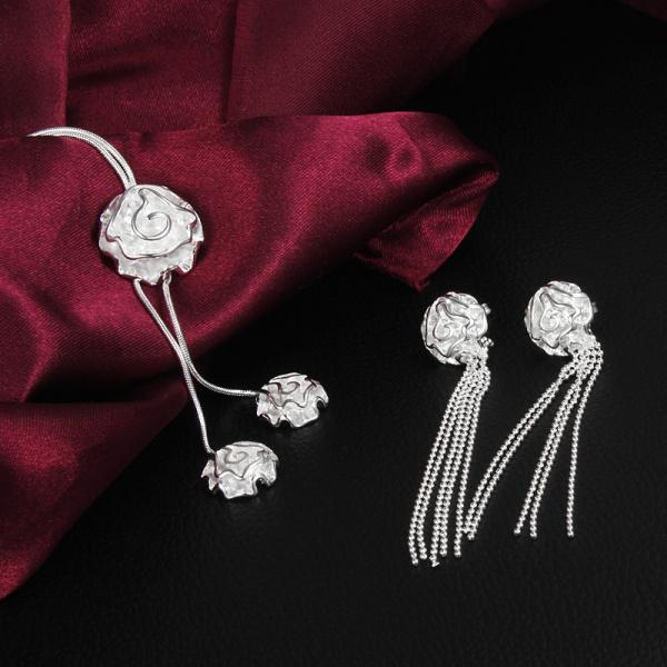 Pretty Woman Party Fine Jewelry Set 925 Sterling Silver Rose Flower Necklace Stud Earrings Fashion Brands Charms Christmas Gifts