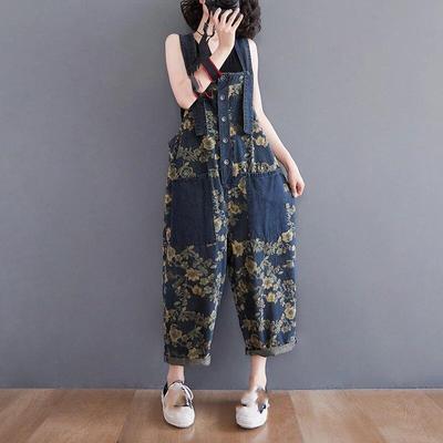 Женский синий винтажный джинсовый комбинезон с цветочным принтом, свободные широкие брюки на подтяжках, уличные брюки на подтяжках