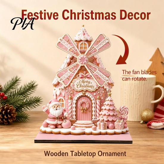 Santa Claus Festive Ornament Christmas Windmill Ornament, 2D Wooden Rotating Decoration, for Office Centerpiece Holiday Table Mantel Shelf Decor
