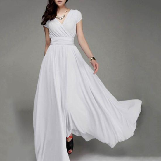 Плюс размер однотонное женское вечернее платье с V-образным вырезом и коротким рукавом Slim Fit Maxi Dress