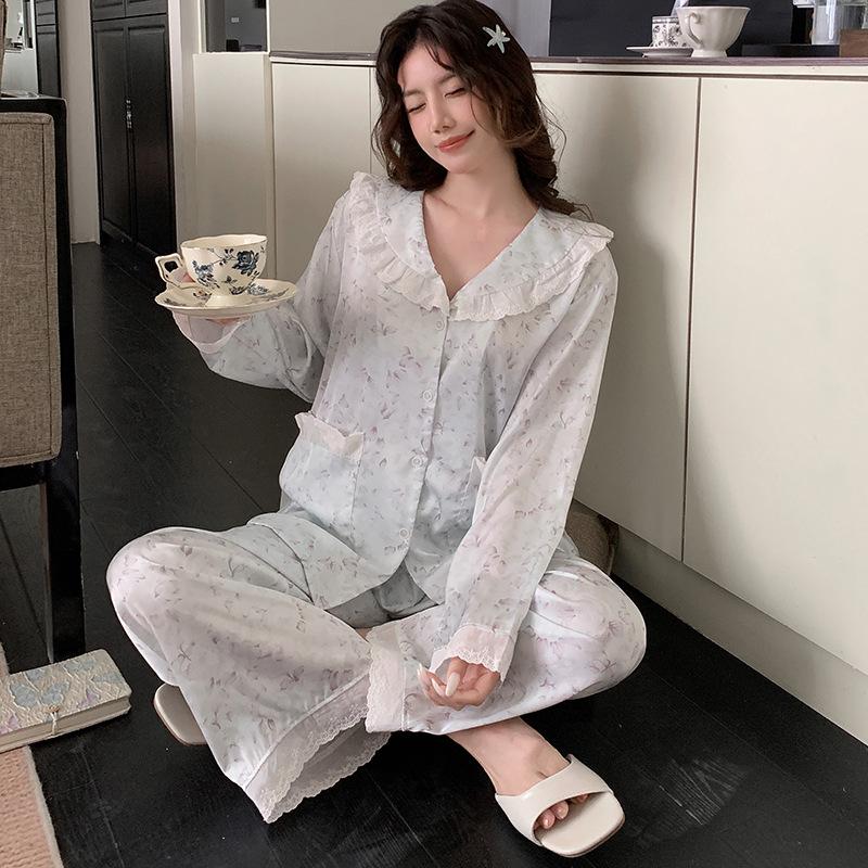 1011 new spring ice silk pajamas women's long-sleeved trousers lace simple thin loungewear suit can be worn outside