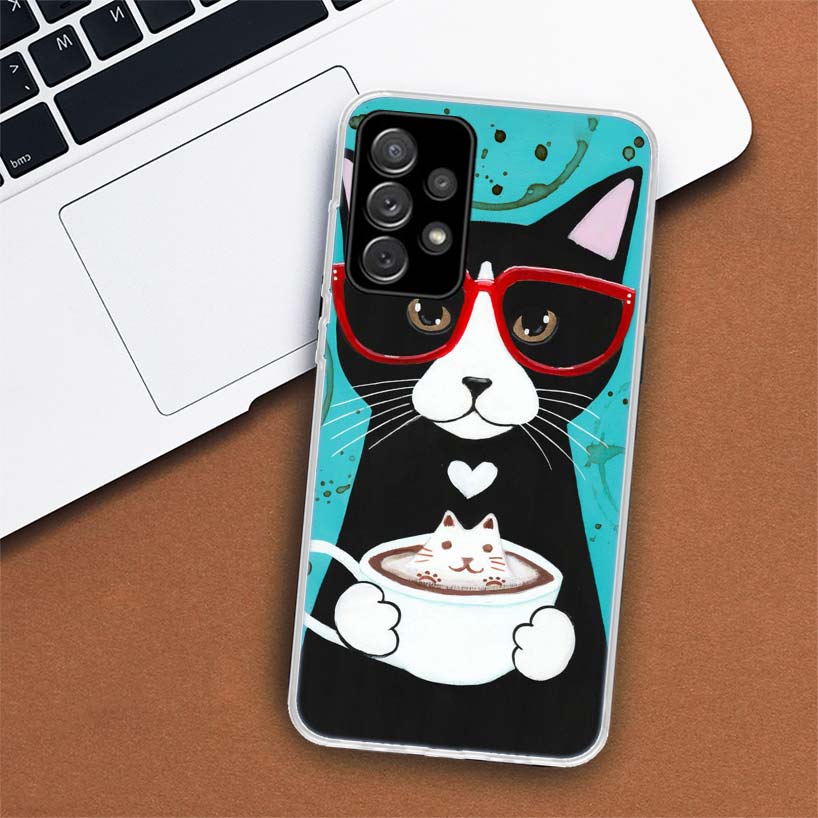 Чехол для телефона с изображением кота и кофе латте с молоком для Samsung Galaxy A53 A52 A73 A72 A12 5G A13 A22 A23 A32 A33 A02S A03S A42 A43 A50S Coqu