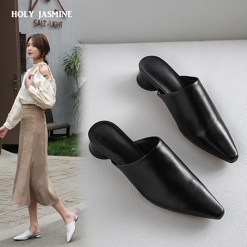 2024 Summer Women Sandals Genuine Leather Shoes for Women Pointed Toe Low Heel Women Sandals Cover Toe Chunky Heel Women's Mules