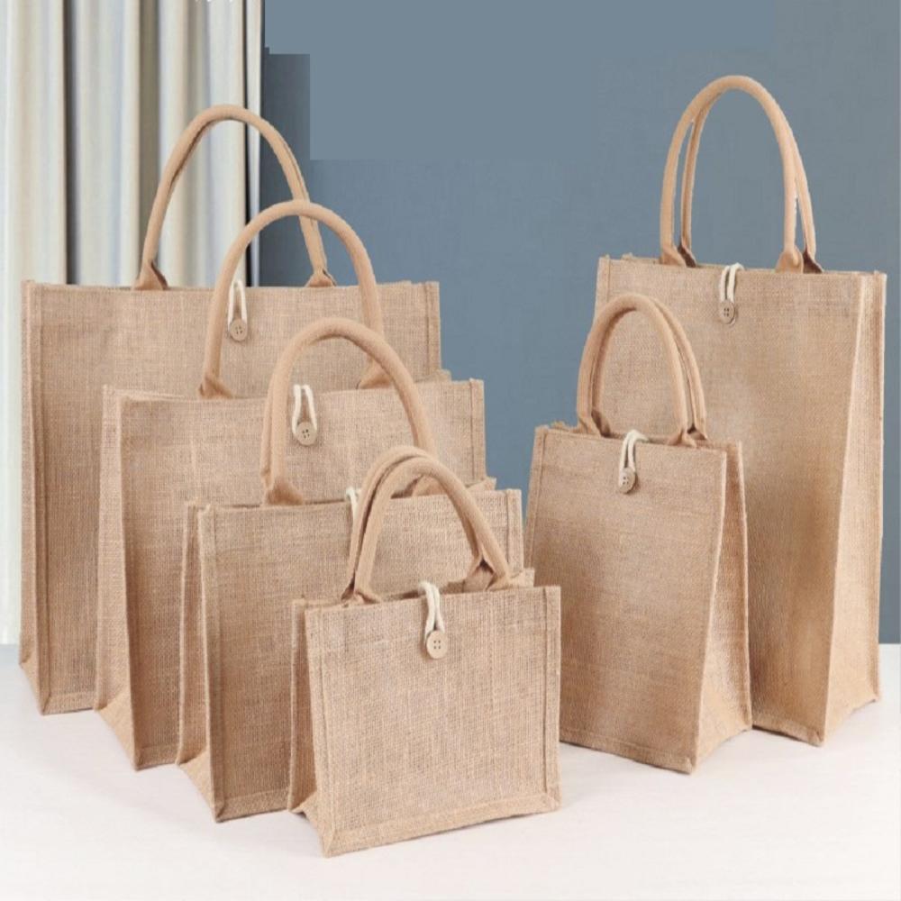 Женская льняная сумка-тоут из мешковины, пляжная, экологичная, с ручками, портативная, сумка для покупок, большая простая на плечо, несколько размеров, сумочка