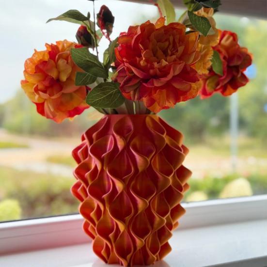 3D Printed Red Gold Flower Vase Sculptural Wave Geometric Textured Decorative