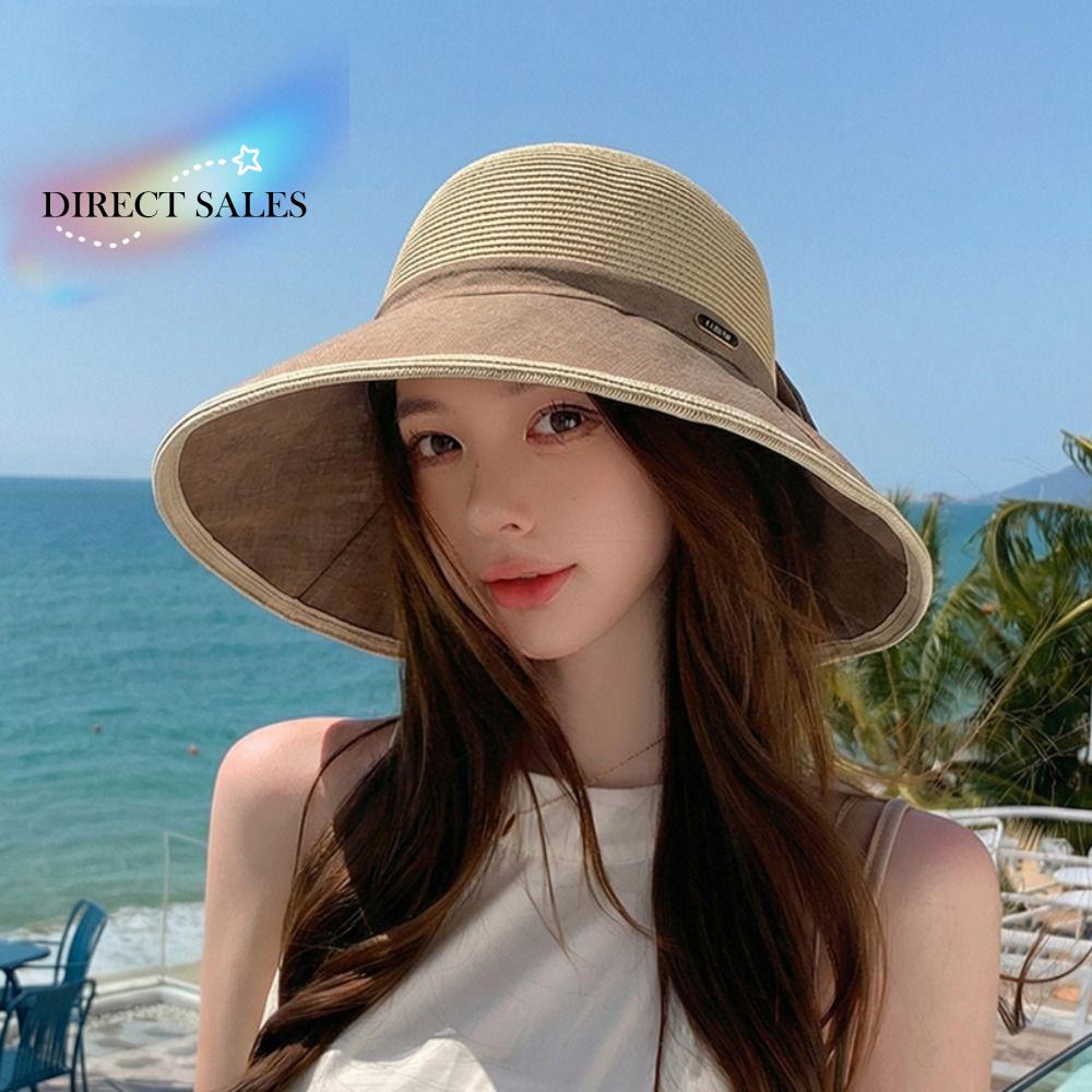 Elegant Large Bow Women Sun Hat Weave Wide Brim Straw Hat Bowknot Breathable Sunscreen Bucket Hat Riding