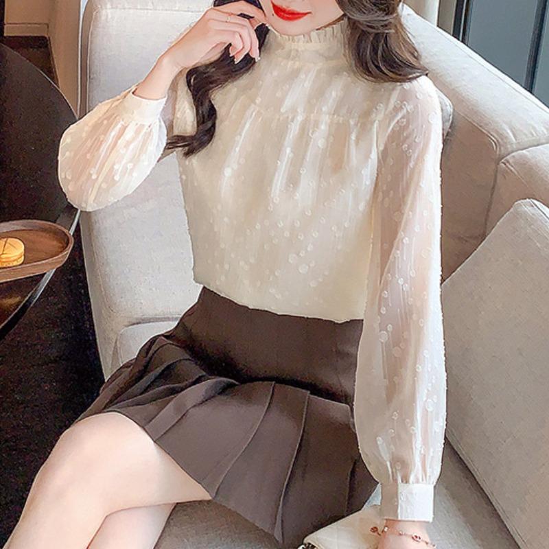 Новая модная кружевная шифоновая элегантная рубашка с длинным рукавом, женские топы, весна и осень, винтажные повседневные блузки, женская гофрированная стойка, тонкая свободная женская рубашка 26345