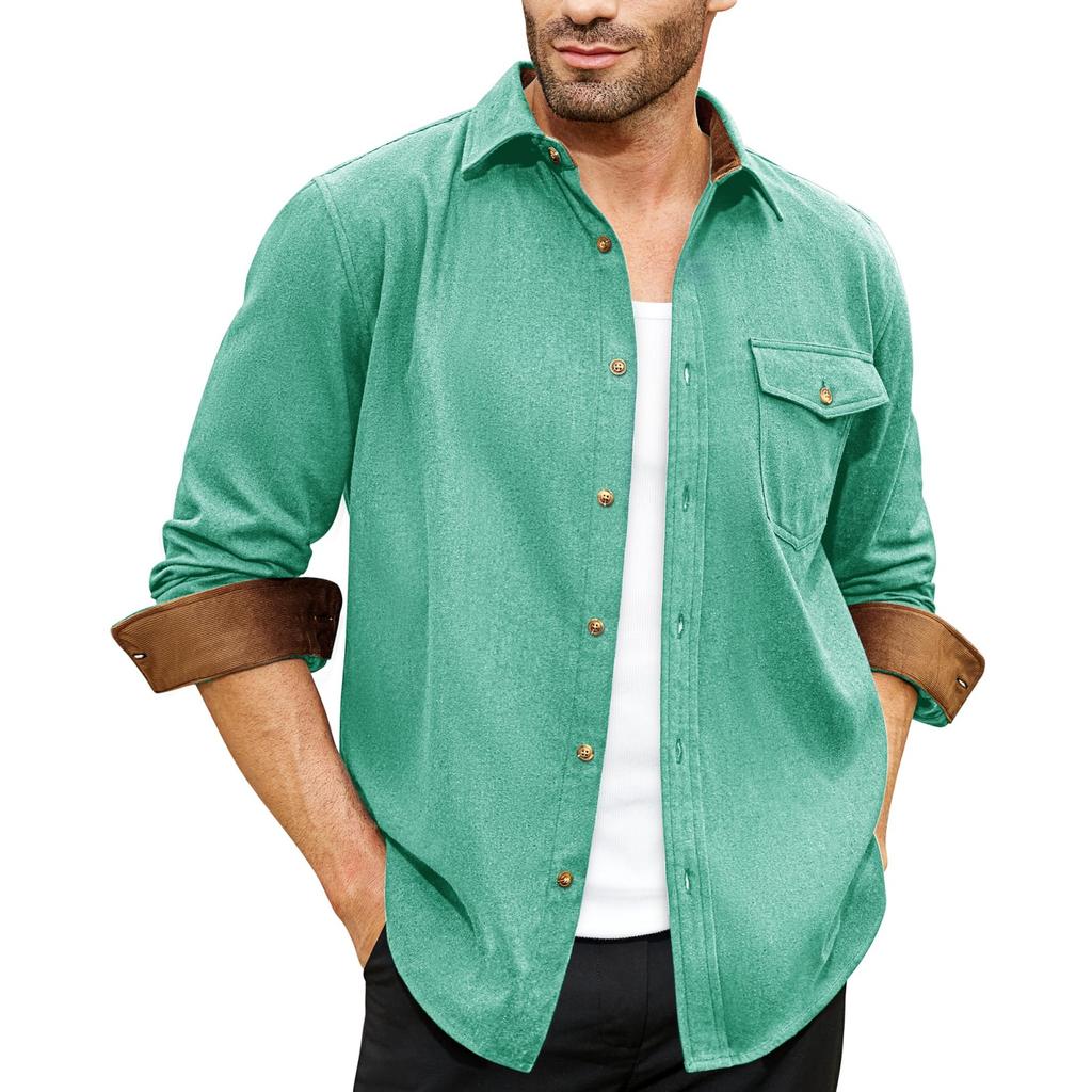 Мужская -цветная Повседневная и модная Рабочая рубашка с длинным рукавом, воротником-стойкой, на пуговицах