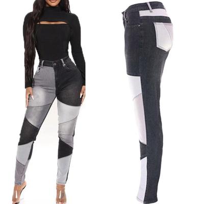 Женские джинсы, узкие лоскутные брюки со вставками, синие длинные хлопковые брюки с высокой талией, осень-зима