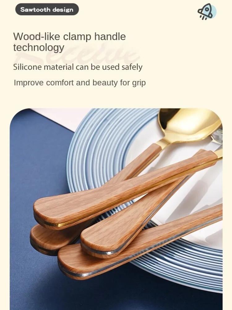 Нож и вилка из 4 предметов, чайная ложка из нержавеющей стали, имитация деревянной ручки, набор посуды в западном стиле, простая и продвинутая