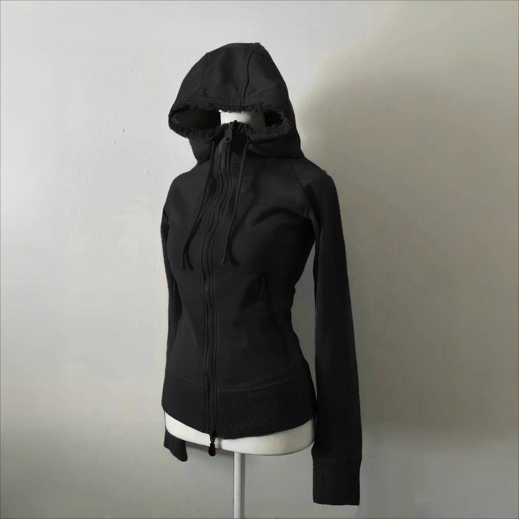 2KWEIRD Black Lamb Wool Double Zipper Hoodies Women's Clothes Slim Waist Hooded Vintage Y2k Coats Ropa Mujer Casual Fashion Sweatshirts