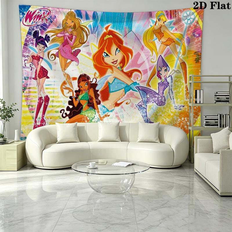 Winx Club Cartoon Wall Tapestry Aesthetic Wall Hanging Printed Fabric Blanket Decorative Tapestries for Bedroom Living Room Home Decor