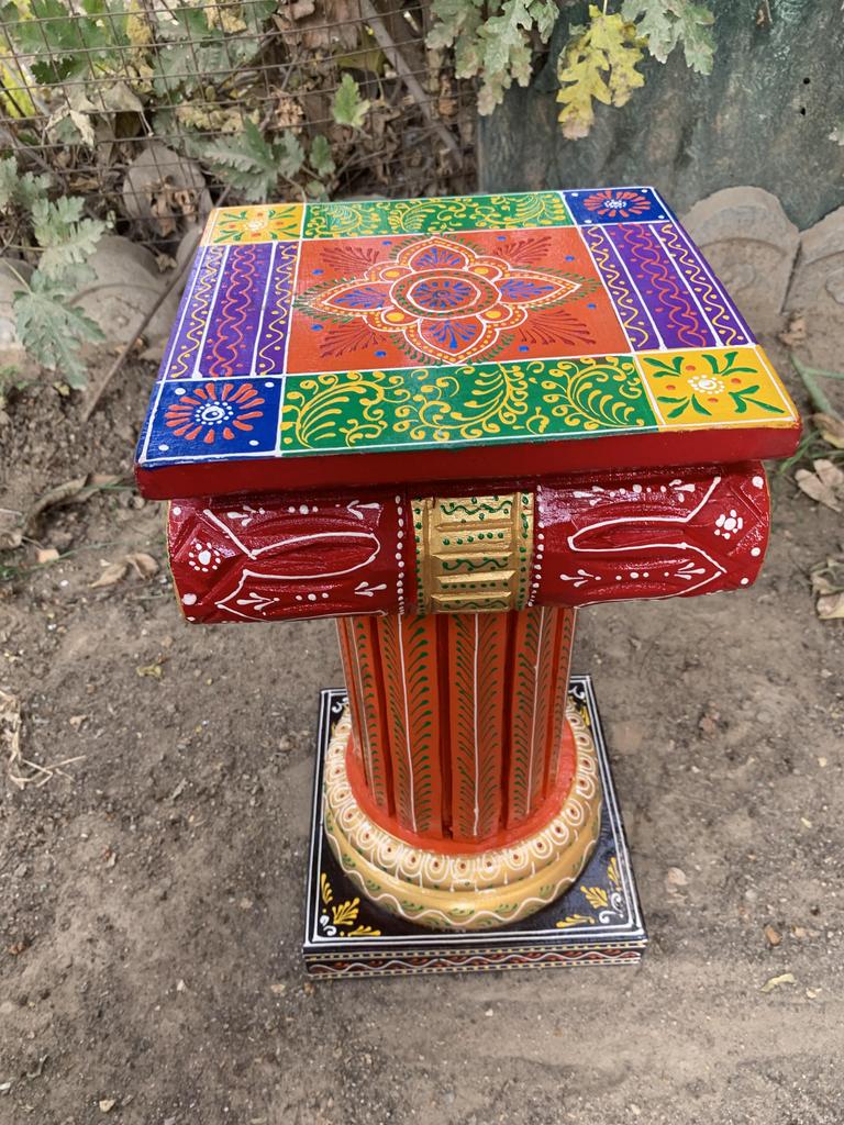 Hand Painted Wooden Chowki Pedestal Table | Indian Folk Art Statue Stand