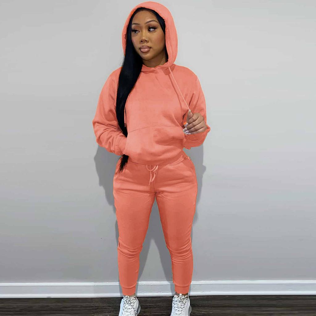 Женский и зимний утепленный худи с капюшоном, повседневный спортивный костюм-двойка