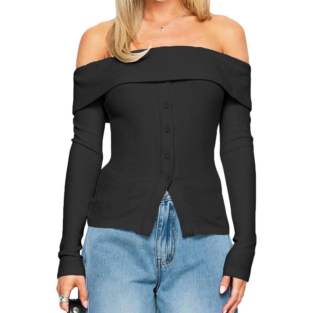 Women Y2k Off Shoulder Button Up Ribbed Knit Sweater Vintage Slim Fit Long Sleeve Foldover Pullover Top